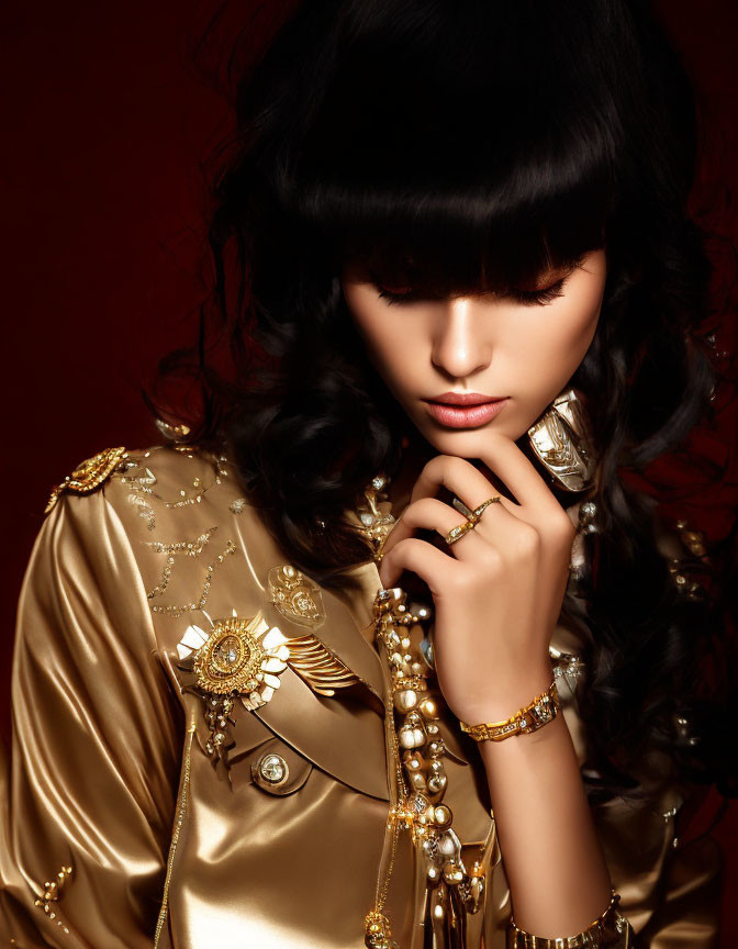 Dark-haired woman in gold jacket holding pearl necklace on warm background