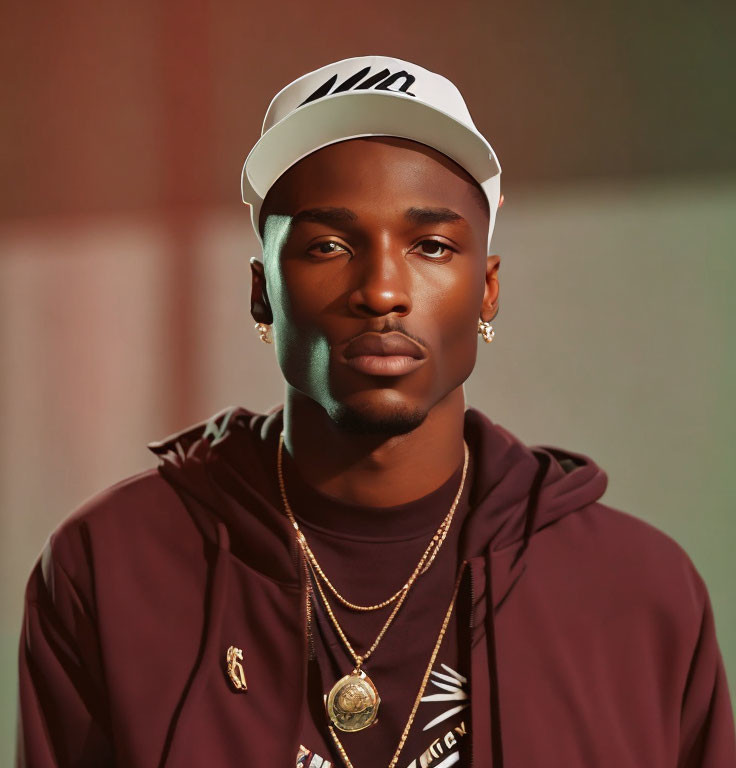 Man in white cap and burgundy hoodie with gold chain and pendant under warm light.