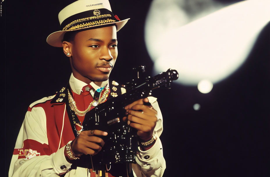 Ceremonial uniform person with hat holding video camera under moon.