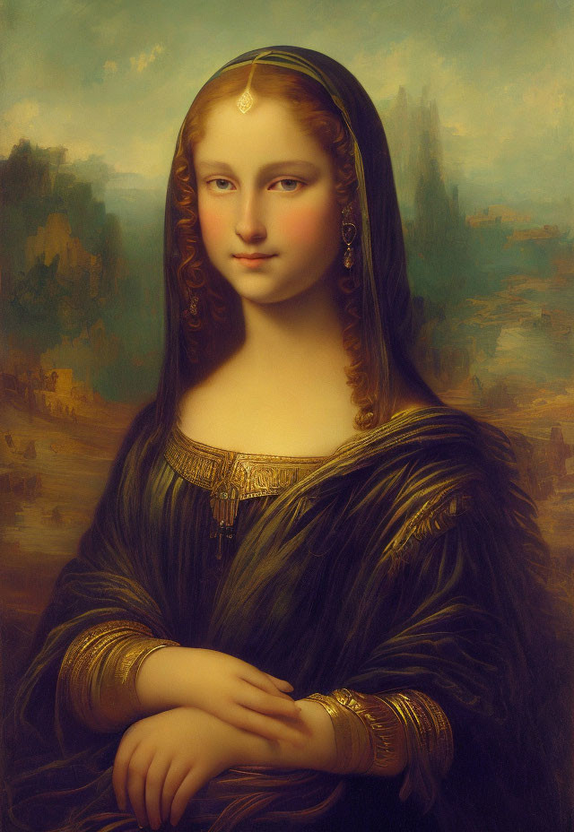 Classic Painting: Woman with Serene Expression, Long Curly Hair, Black Dress, Gold Trim,