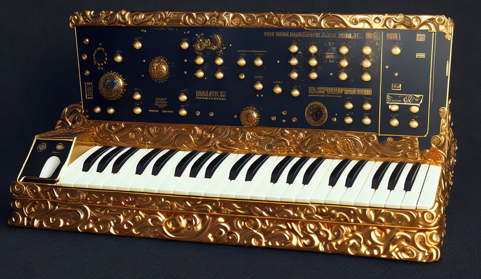 Gold and Navy Blue Ornate Piano with Elaborate Celestial Designs