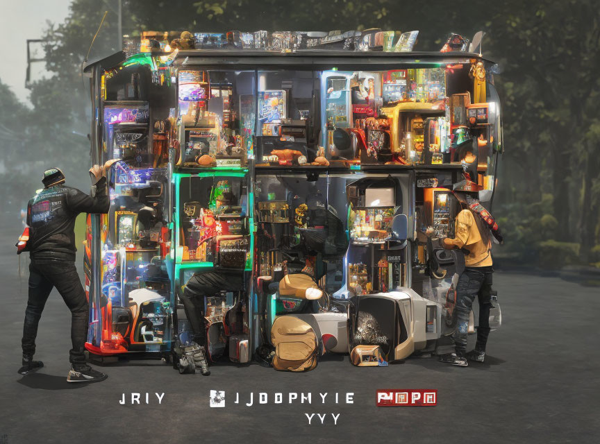 Colorful street kiosk with diverse gadgets and people browsing on a hazy day