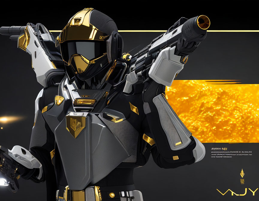 Futuristic robot in black and gold armor with gun, dynamic yellow lines and text graphics.