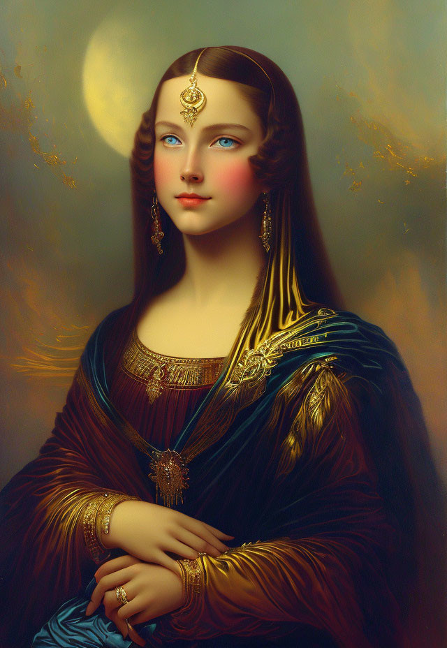 Portrait of Woman with Blue Eyes, Black Hair, Gold Jewelry, Blue Traditional Dress, Golden Embroid