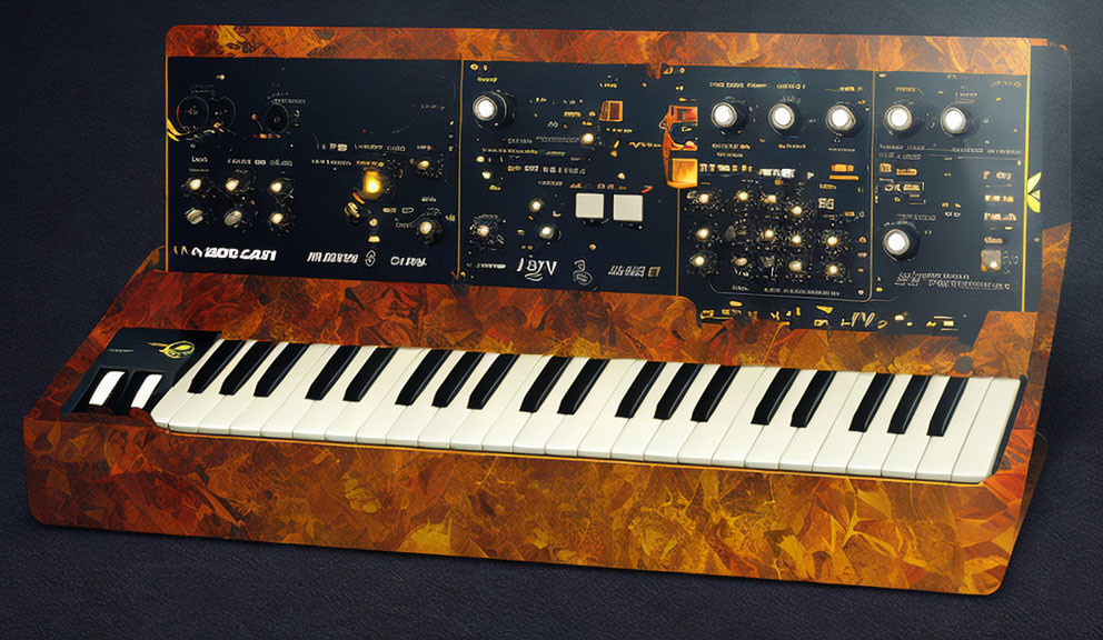 Vibrant Orange and Black Synthesizer with White Keys and Sound Control Functions