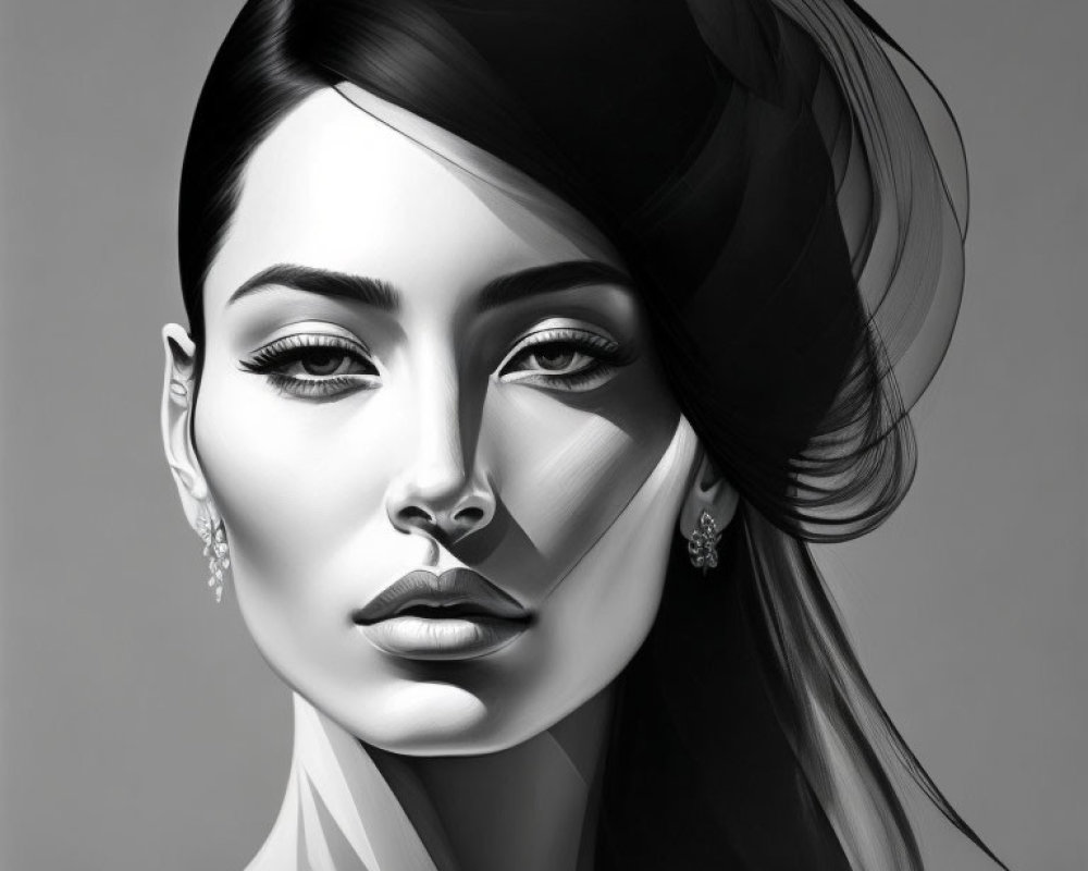 Grayscale digital portrait of woman with sleek hairstyle and bold eye makeup