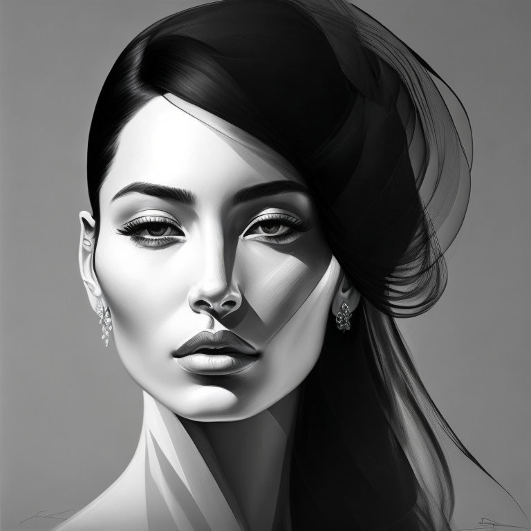 Grayscale digital portrait of woman with sleek hairstyle and bold eye makeup