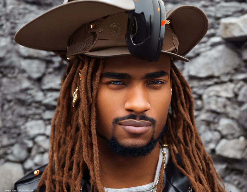 Dreadlocked man in firefighter helmet against stone wall.