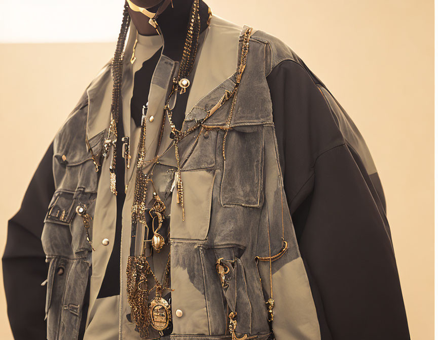 Stylish layered outfit with textured vest, black shirt, chains, and medallion necklaces