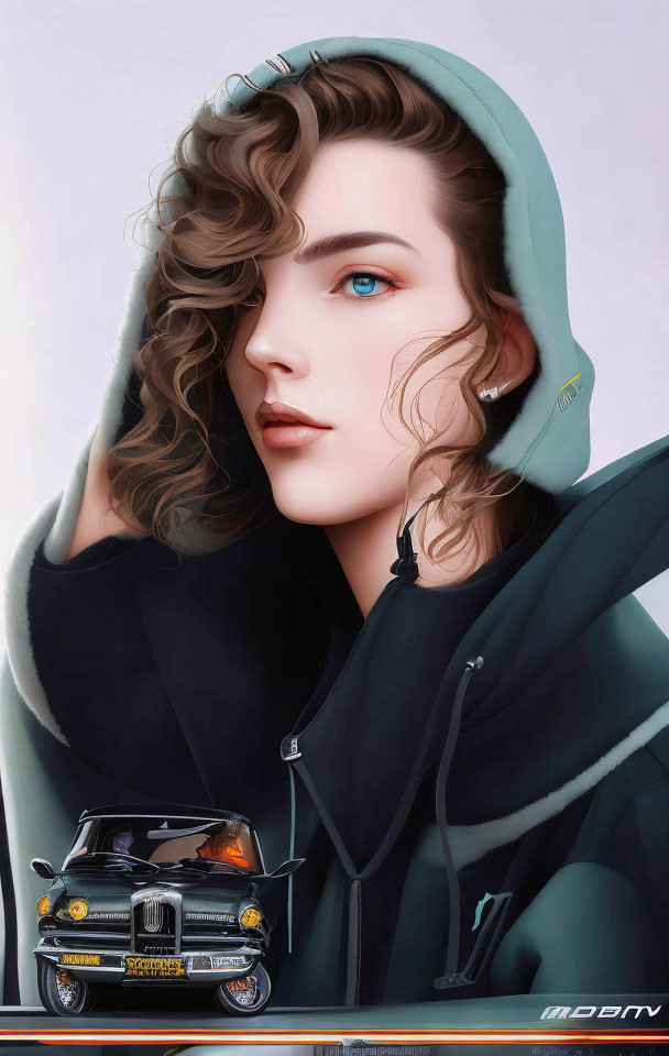 Digital artwork of person with wavy hair in hoodie with classic car detail on collar, on light background