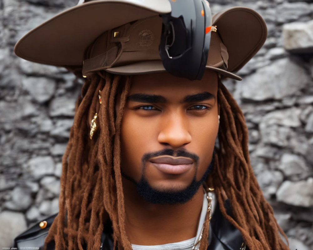 Dreadlocked man in firefighter helmet against stone wall.