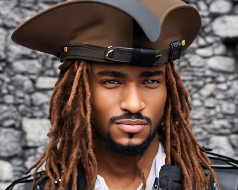 Man with Dreadlocks in Brown Pirate Hat and Black Head Strap Staring at Camera