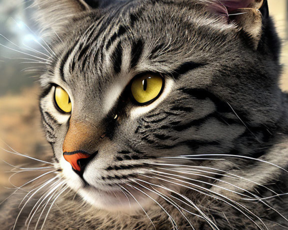 Grey Tabby Cat with Striking Yellow Eyes in Close-Up Shot