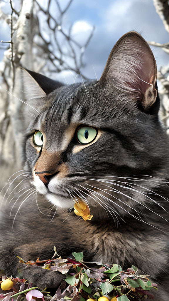 Gray Cat with Green Eyes and Leaf Pendant in Autumn Setting