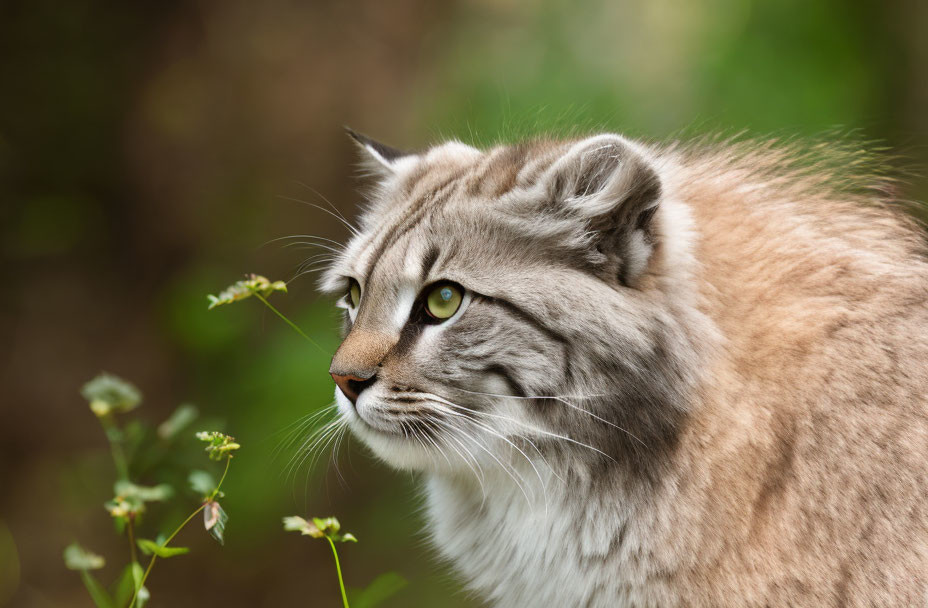 Close-up of serene lynx with tufted ears and intense eyes against blurred green background