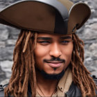 Man with Dreadlocks in Brown Pirate Hat and Black Head Strap Staring at Camera