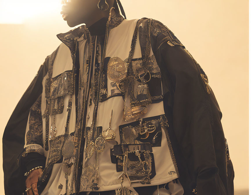 Stylish jacket with ornate mini bags against warm backdrop