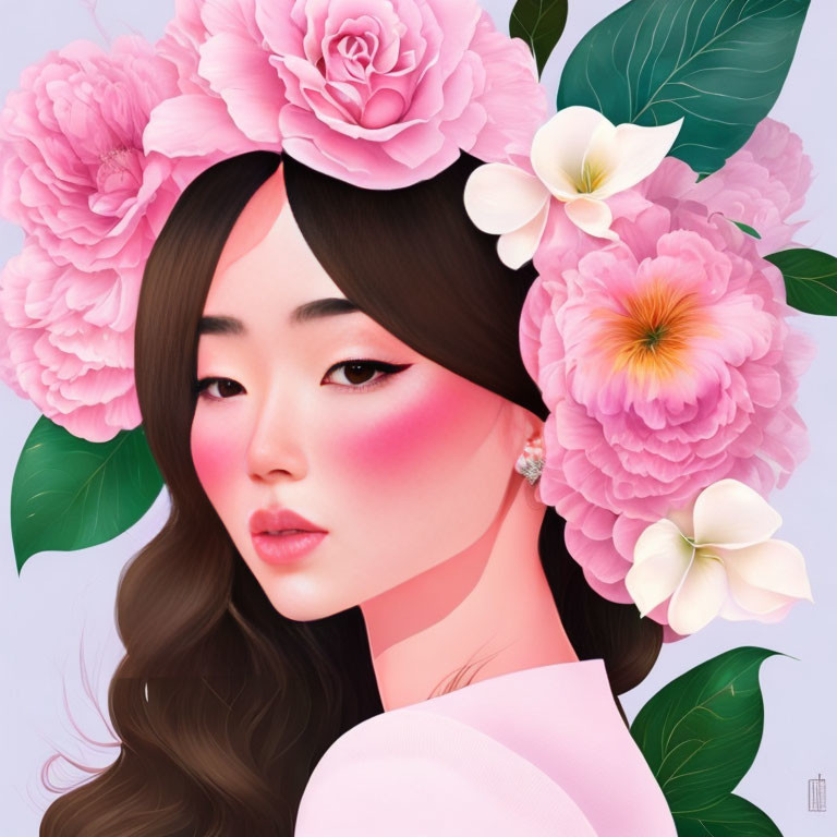 Woman with Pink Peonies and White Flowers in Hair and Pink Outfit