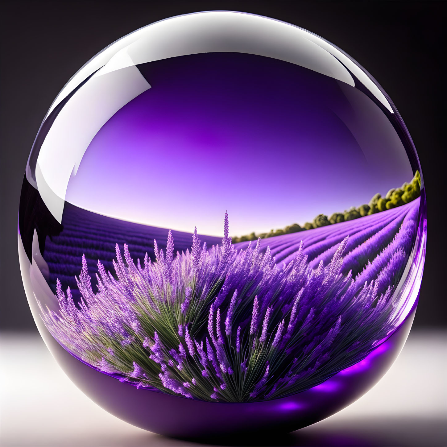 Upside-down purple lavender field in crystal ball