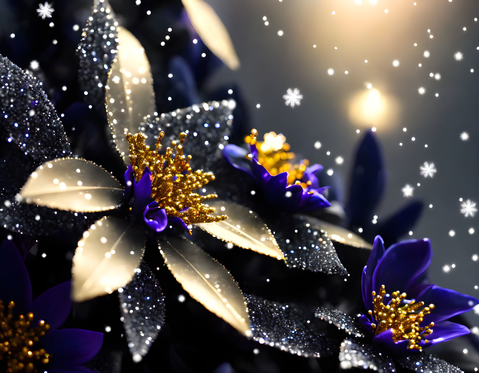 Dark Flowers with Sparkling Edges on Soft Glowing Background