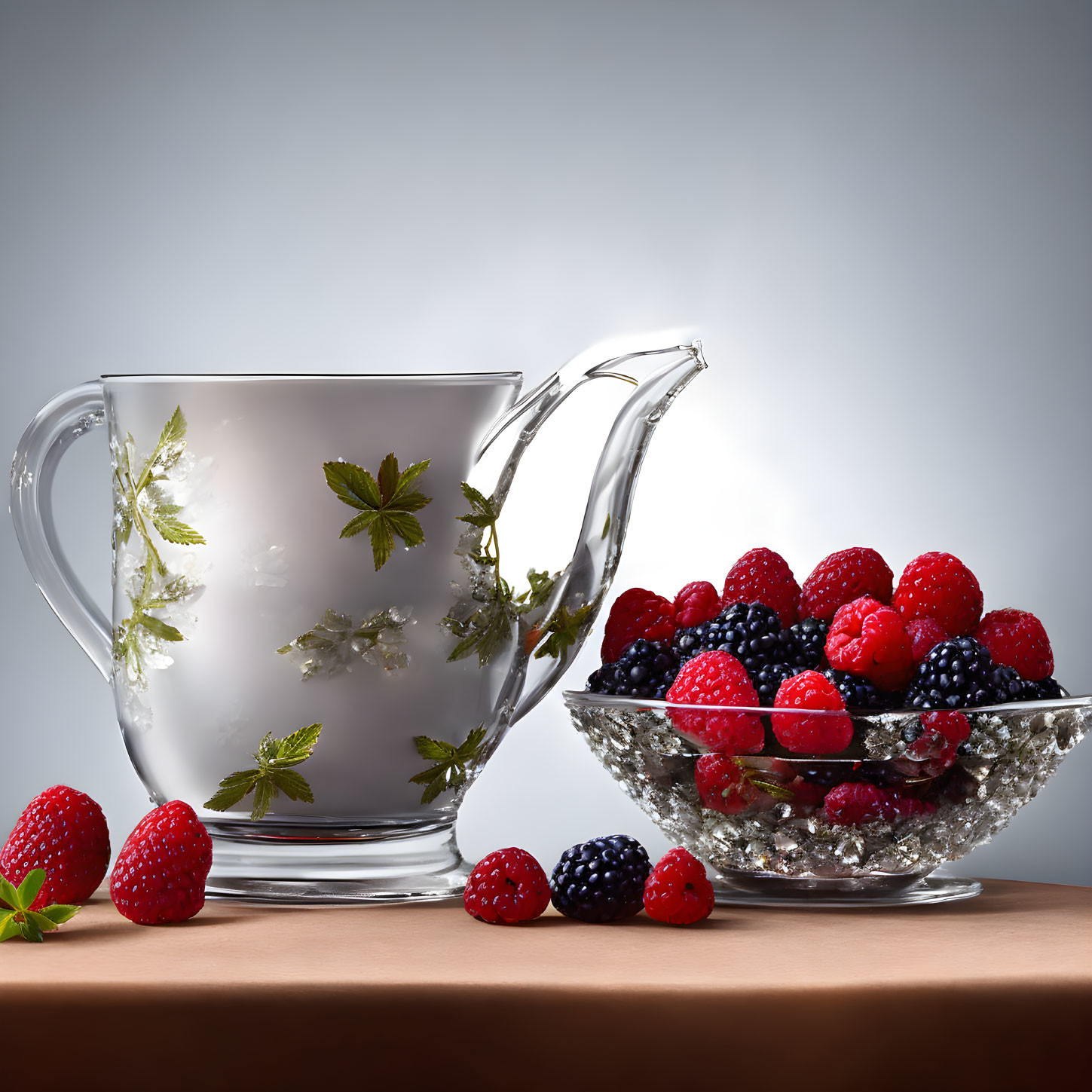 Glass pitcher with leaf design next to crystal bowl of mixed berries and scattered strawberries.