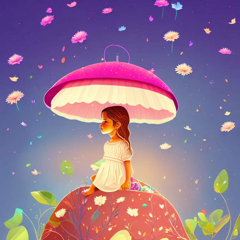 Girl sitting on floral hill under lampshade umbrella with falling petals and butterflies in surreal twilight sky.