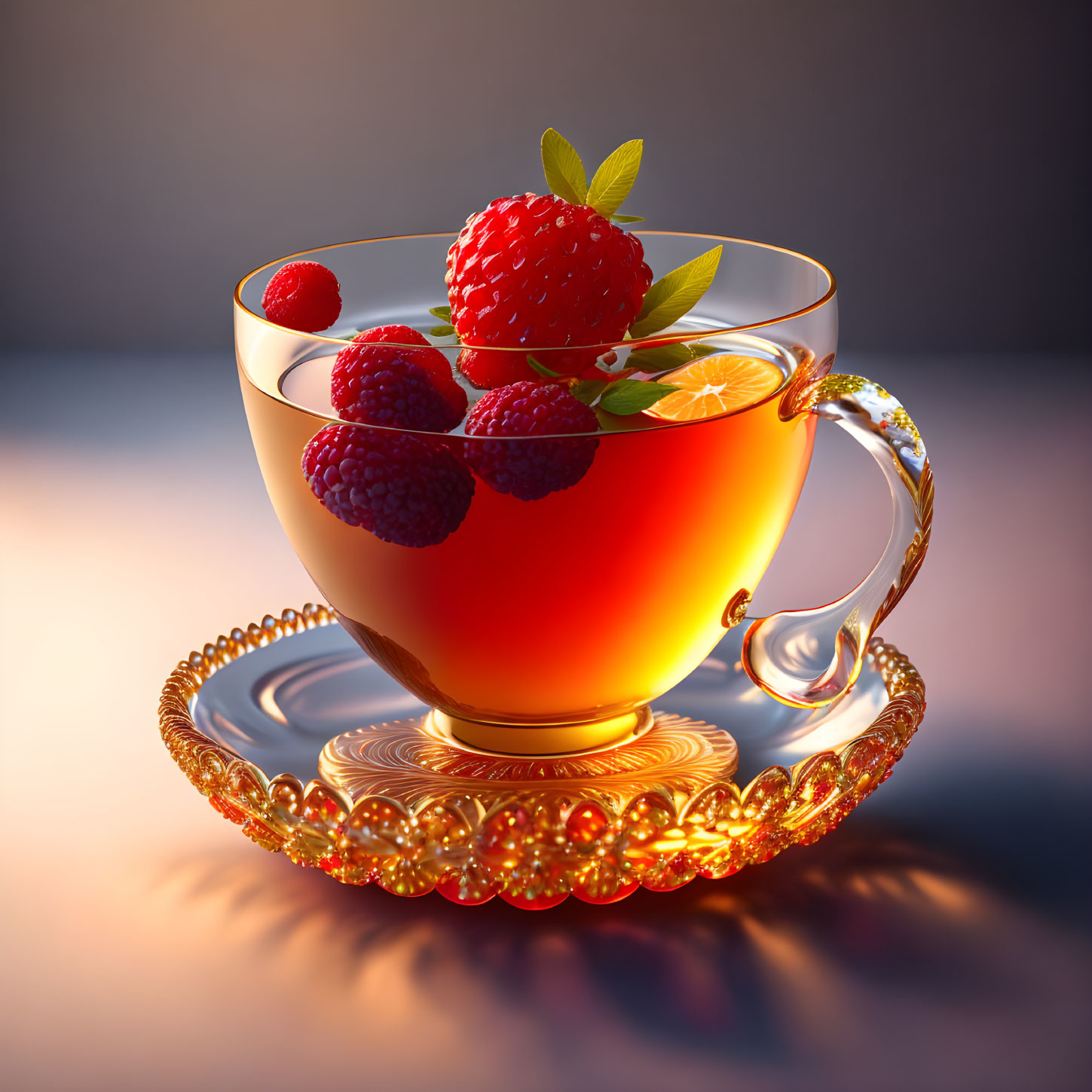 Translucent tea cup with berries and lemon slice on golden saucer