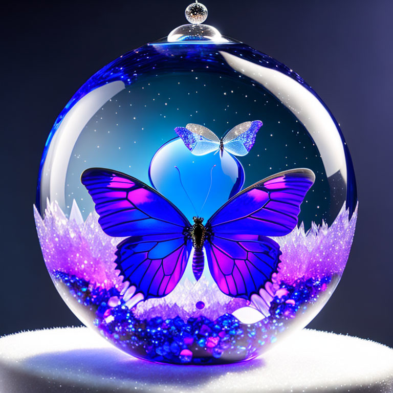 Blue Butterfly in Glass Sphere with Night Sky and Pink Crystals