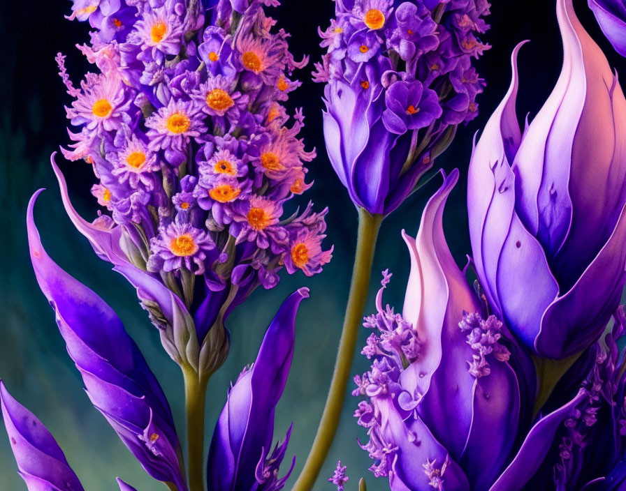 Bright Purple and Lilac Flowers with Orange-Yellow Centers on Dark Background