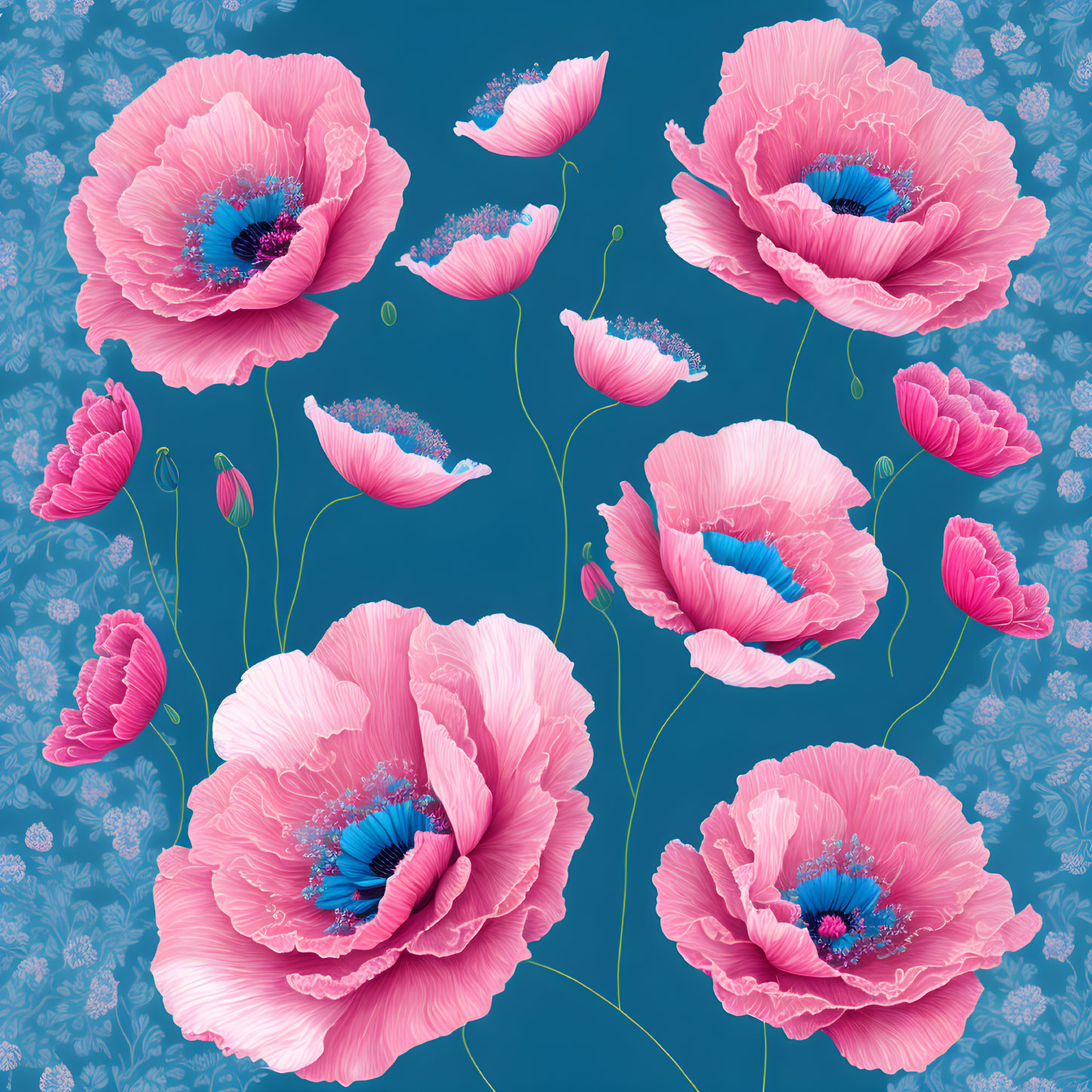 Detailed Pink Poppies Illustration on Blue Patterned Background