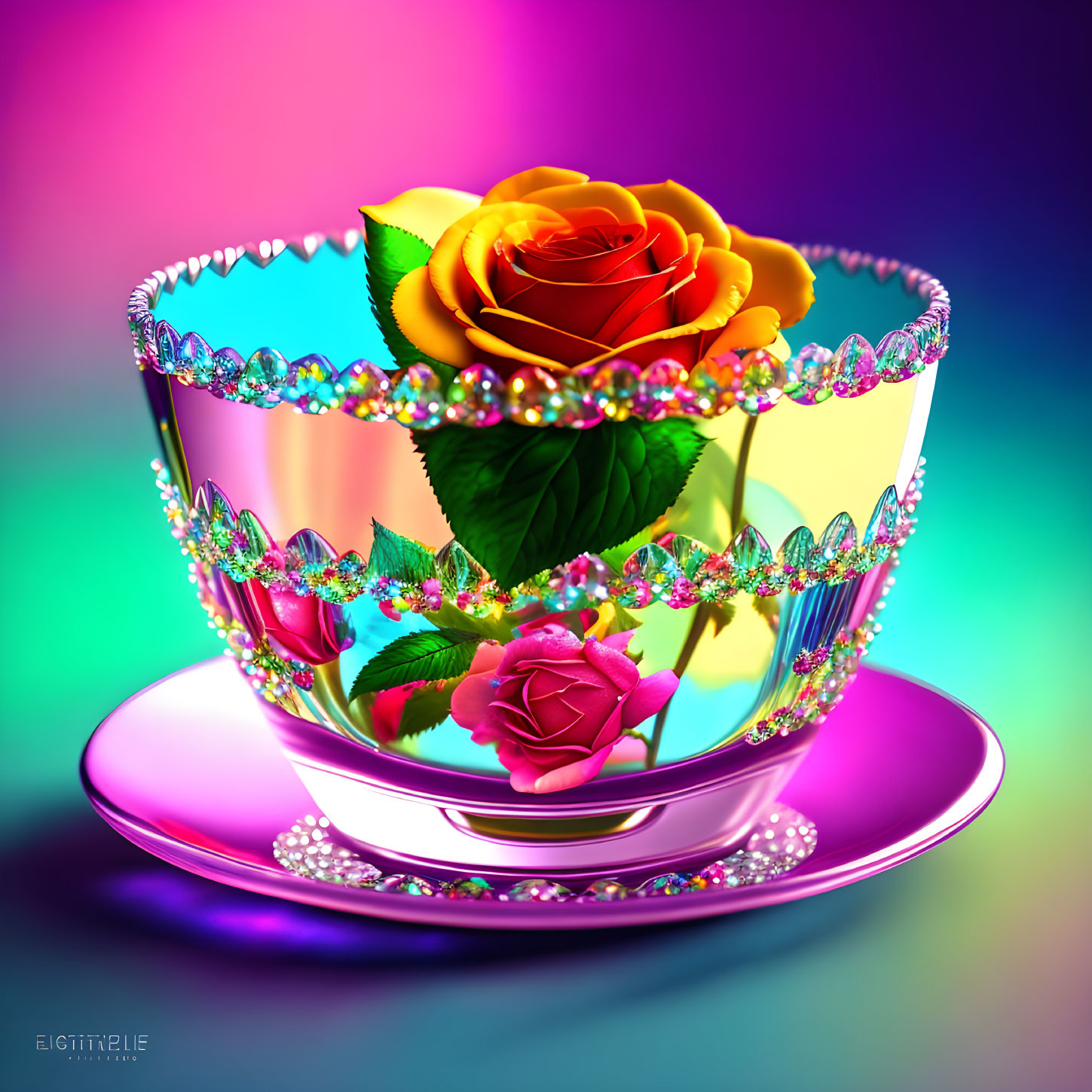 Colorful digital artwork: Jeweled teacup with yellow and pink roses on multicolored backdrop