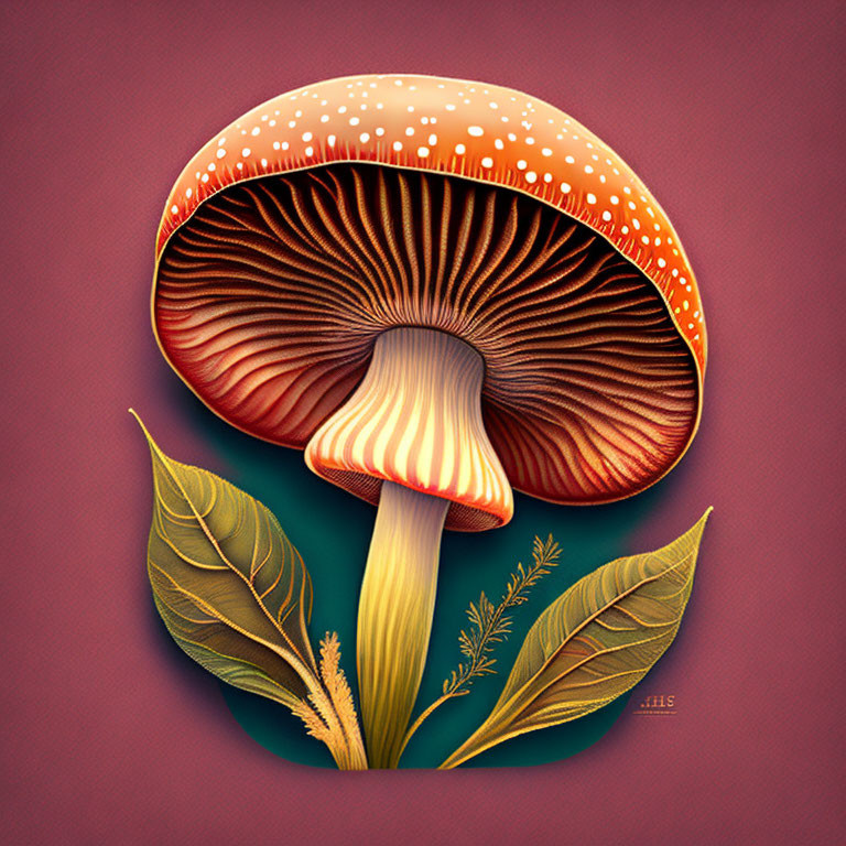 Detailed illustration of large orange-capped mushroom on green background with stylized leaves