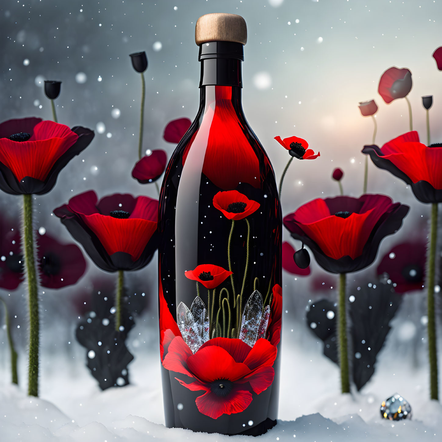 Red Poppy Design Bottle in Snowy Twilight Scene