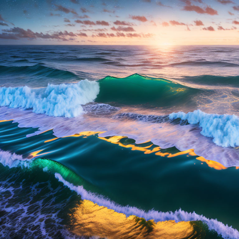 Vibrant sunset over ocean waves on sandy beach