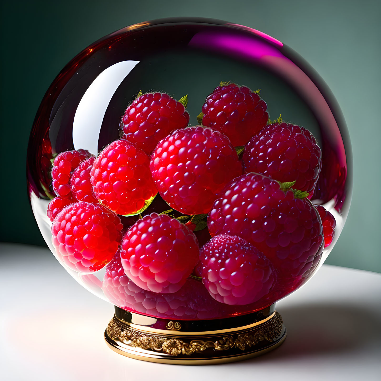 Crystal Ball with Ripe Red Raspberries on Gold Base