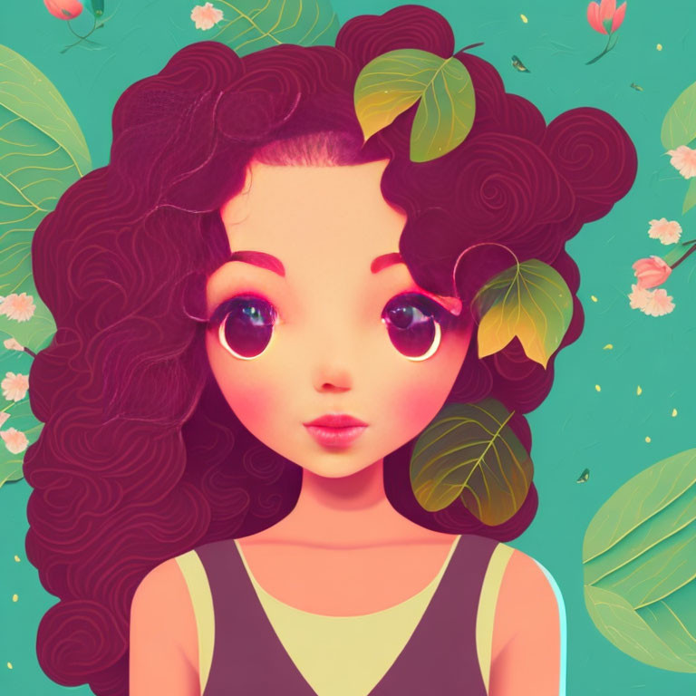 Voluminous Curly Hair Girl with Green Leaves on Floral Background