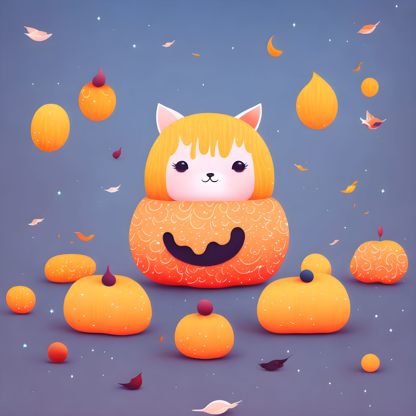 Illustration of a cat with pumpkin body, surrounded by leaves and pumpkins on blue background