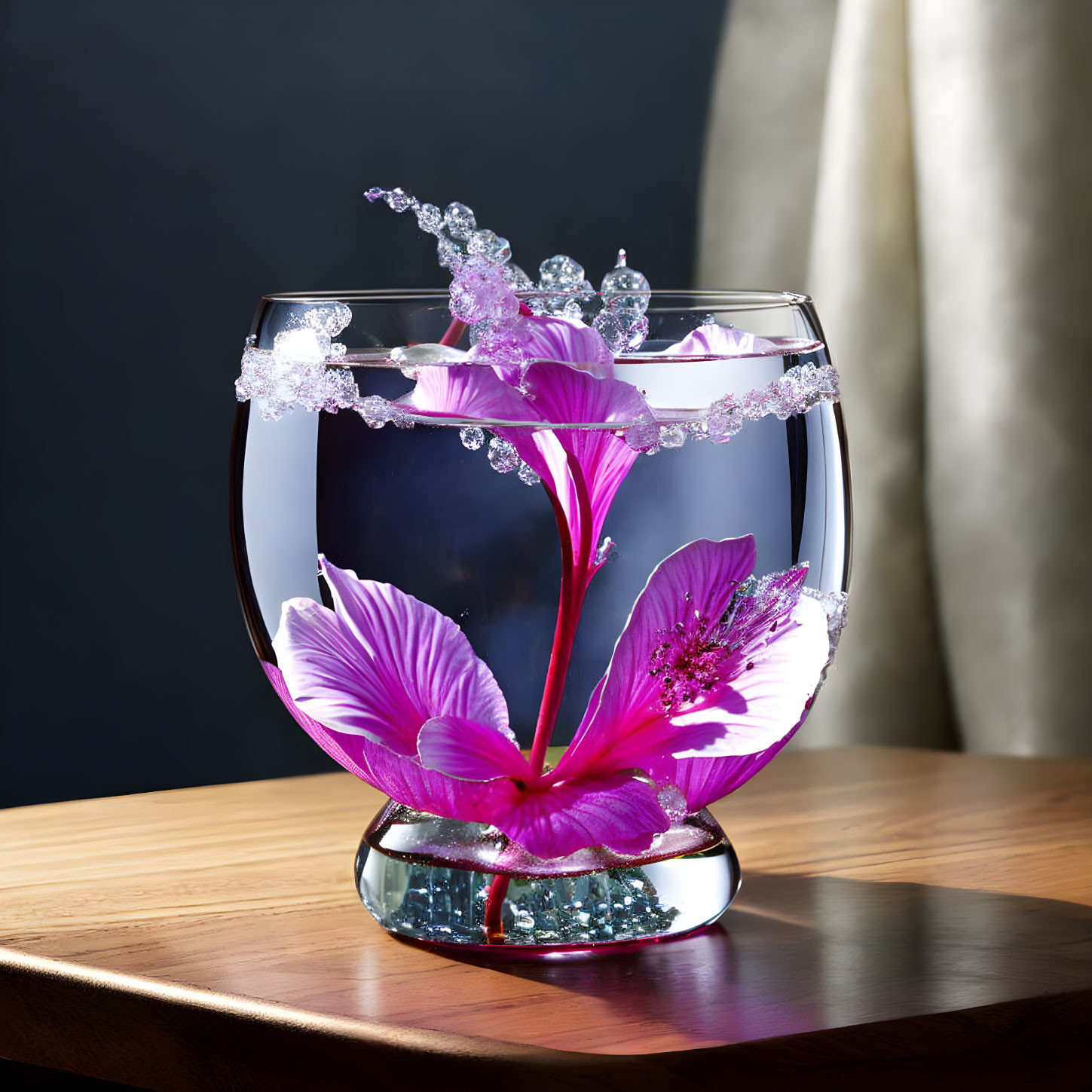 Purple Flower Submerged in Water with Dynamic Droplets on Dark Blue Background