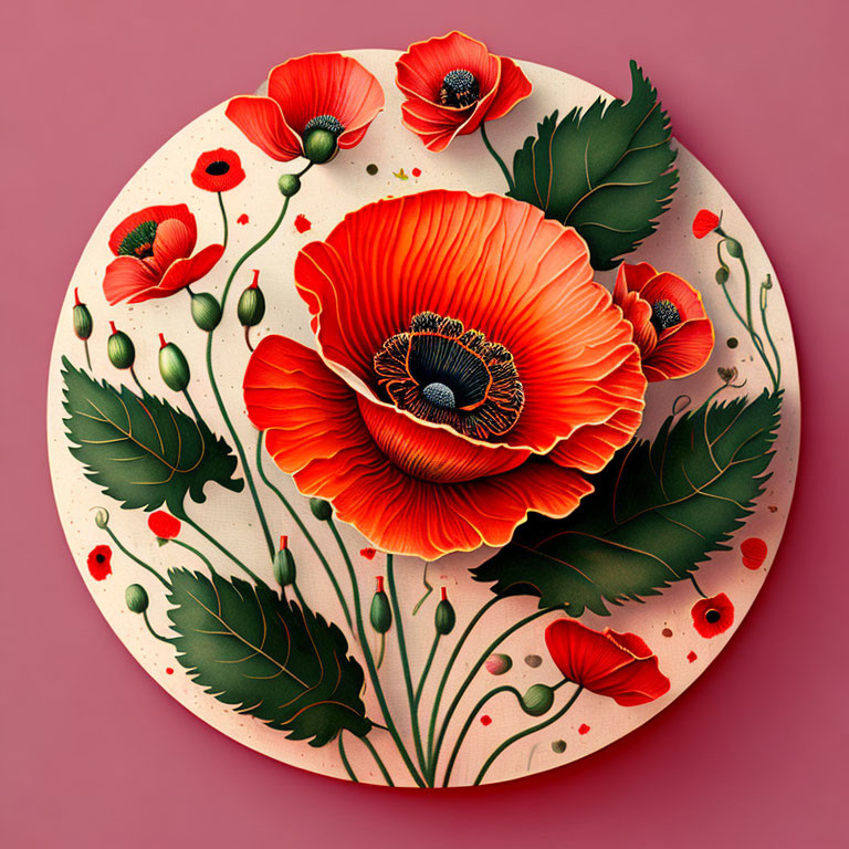 Vibrant Red Poppies Illustration on Pink Background