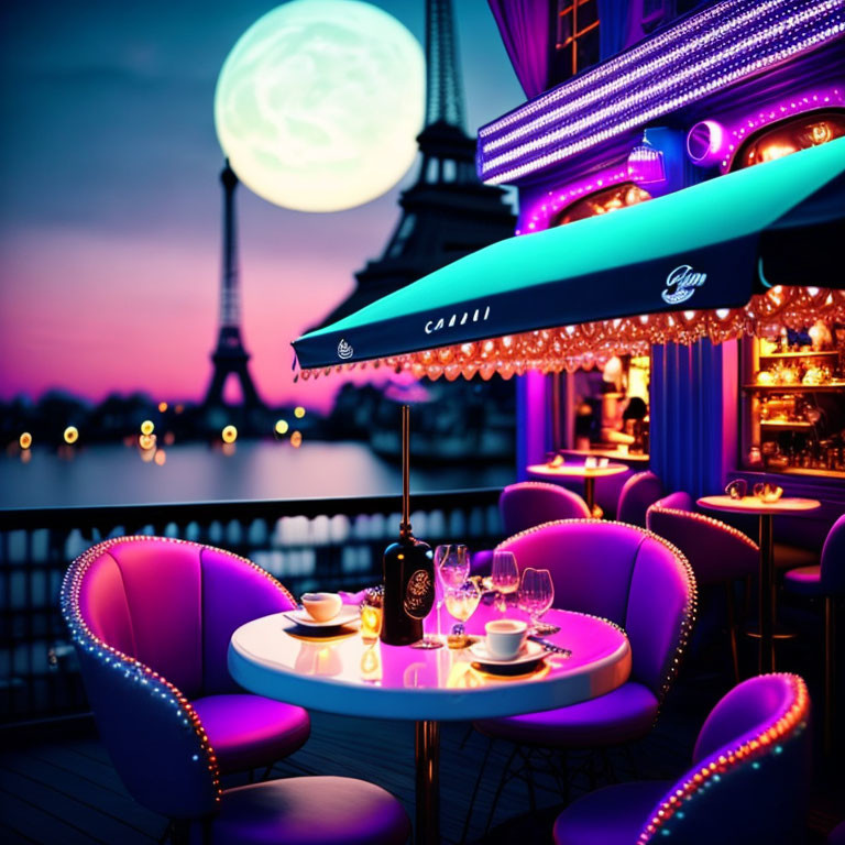 Parisian outdoor cafe with Eiffel Tower view on a full moon night