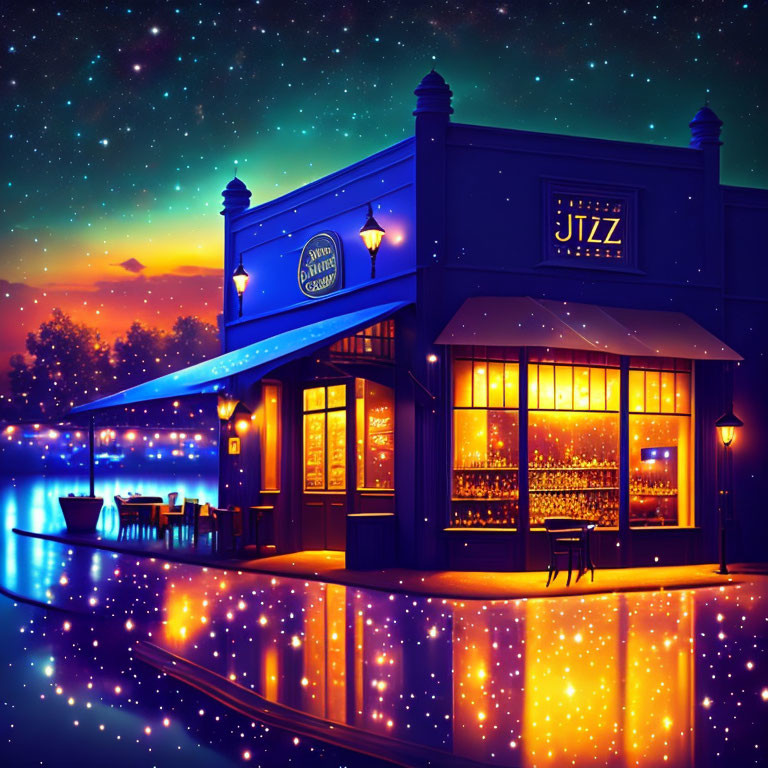 Illustration: Vibrant jazz bar at night with glowing facade and starry sky.