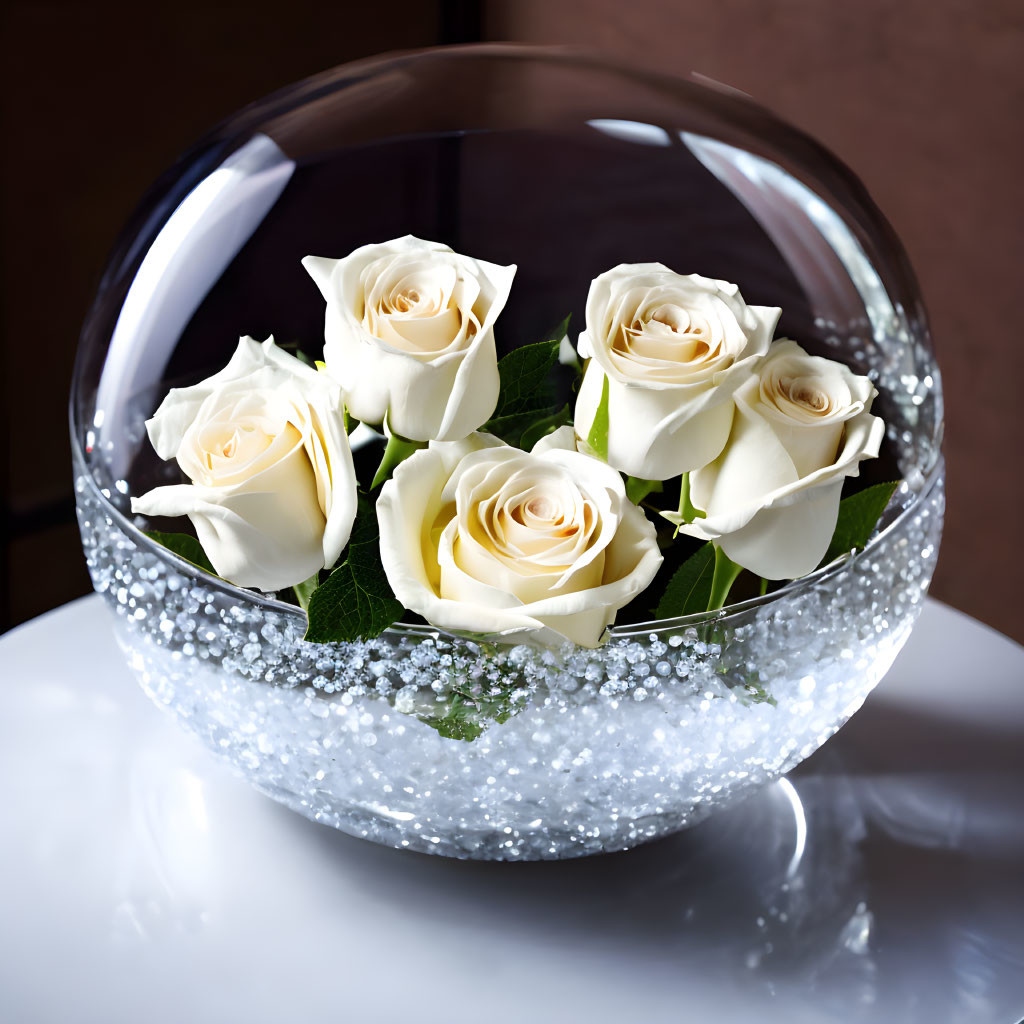 Glass vase with white roses and beads on dark background