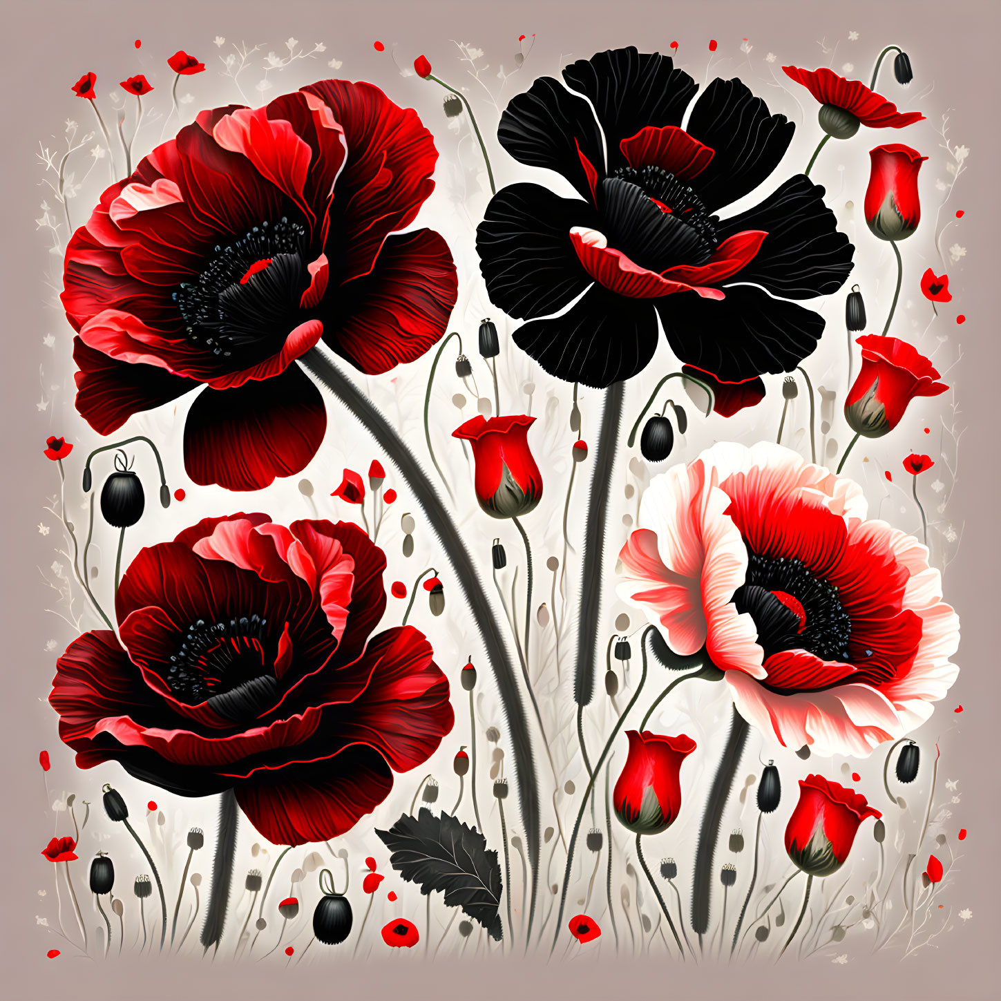 Vibrant red and black poppies illustration on gray background