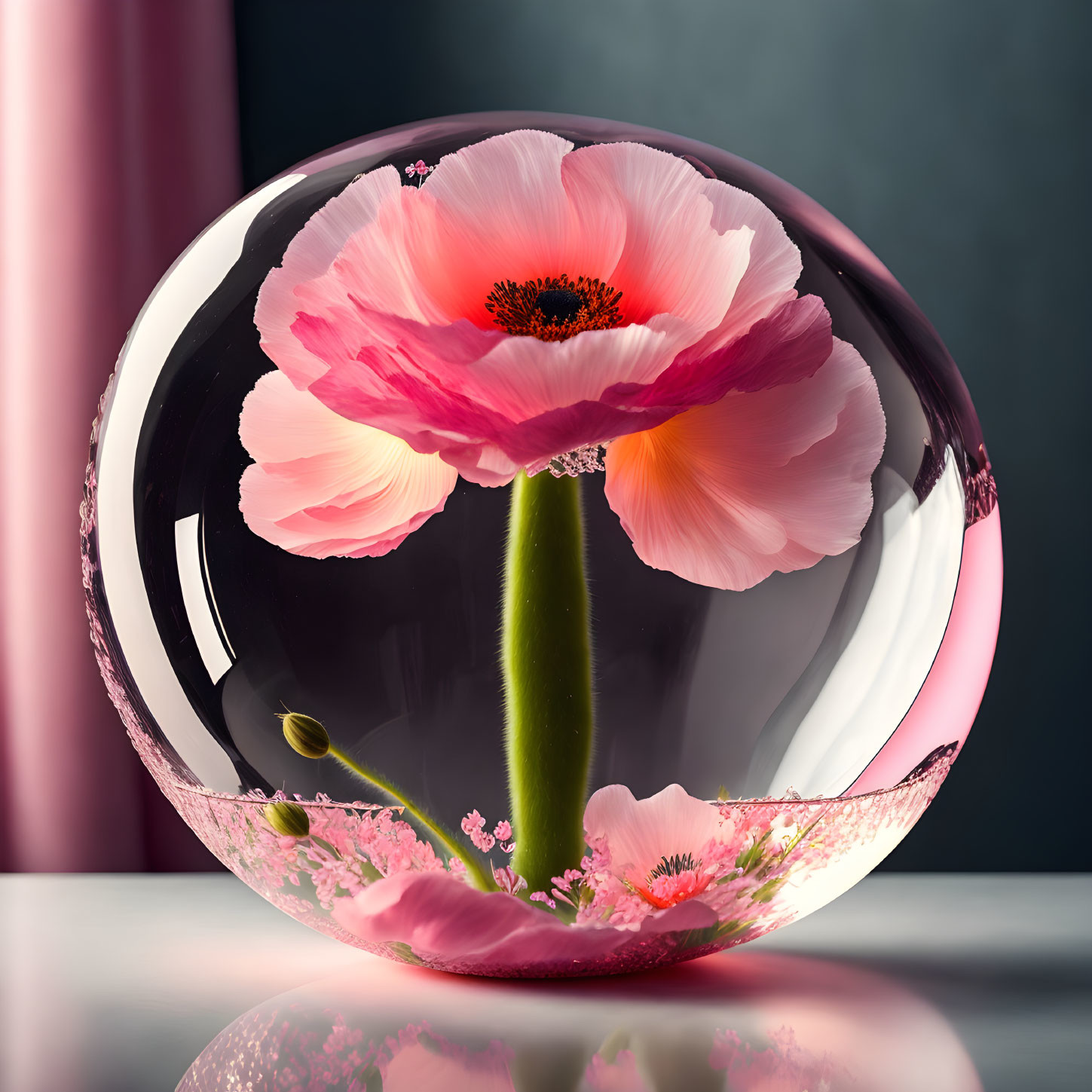 Vibrant pink poppy in crystal ball on glossy surface against pink and gray backdrop