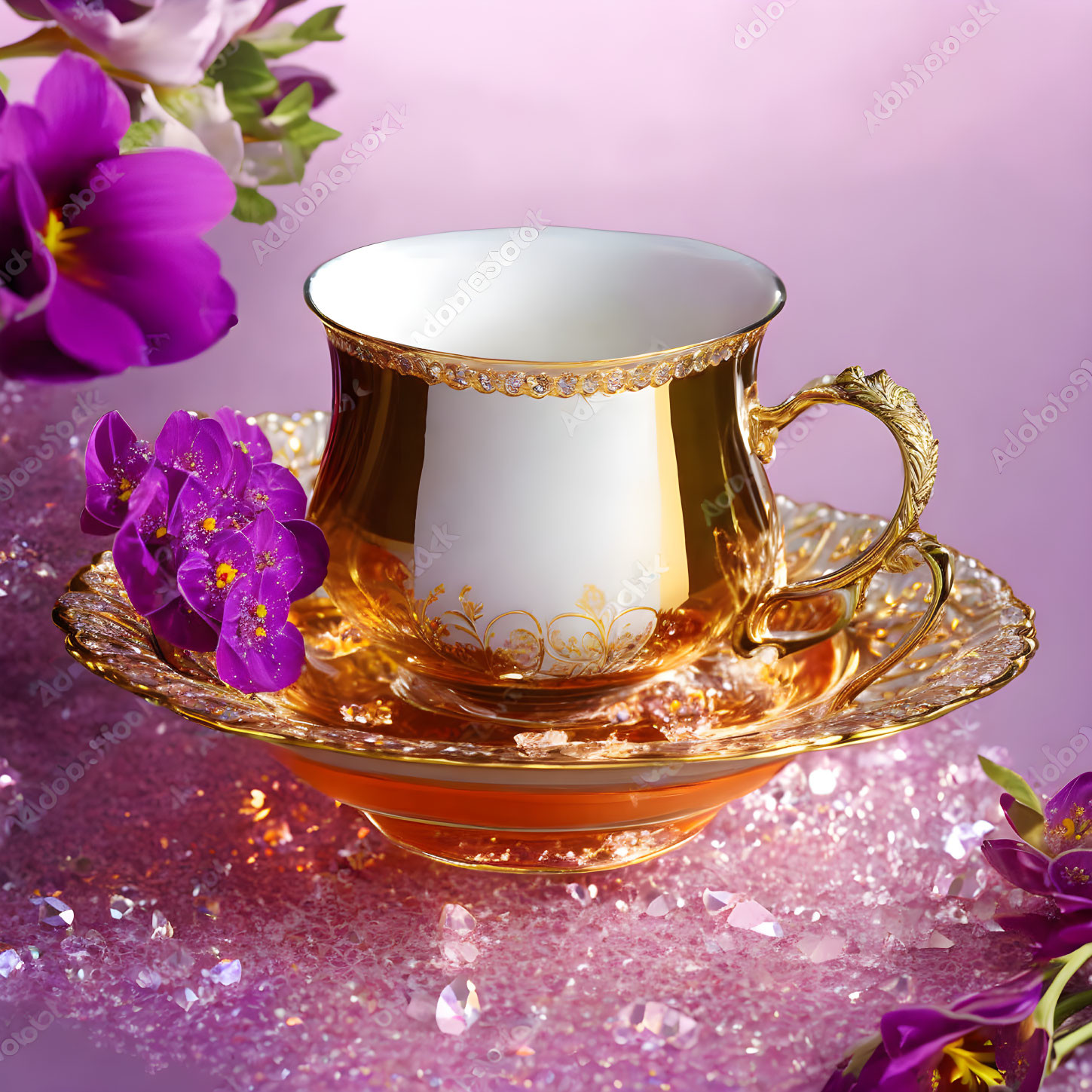 Golden teacup and saucer set with white pattern and purple flowers on pink background