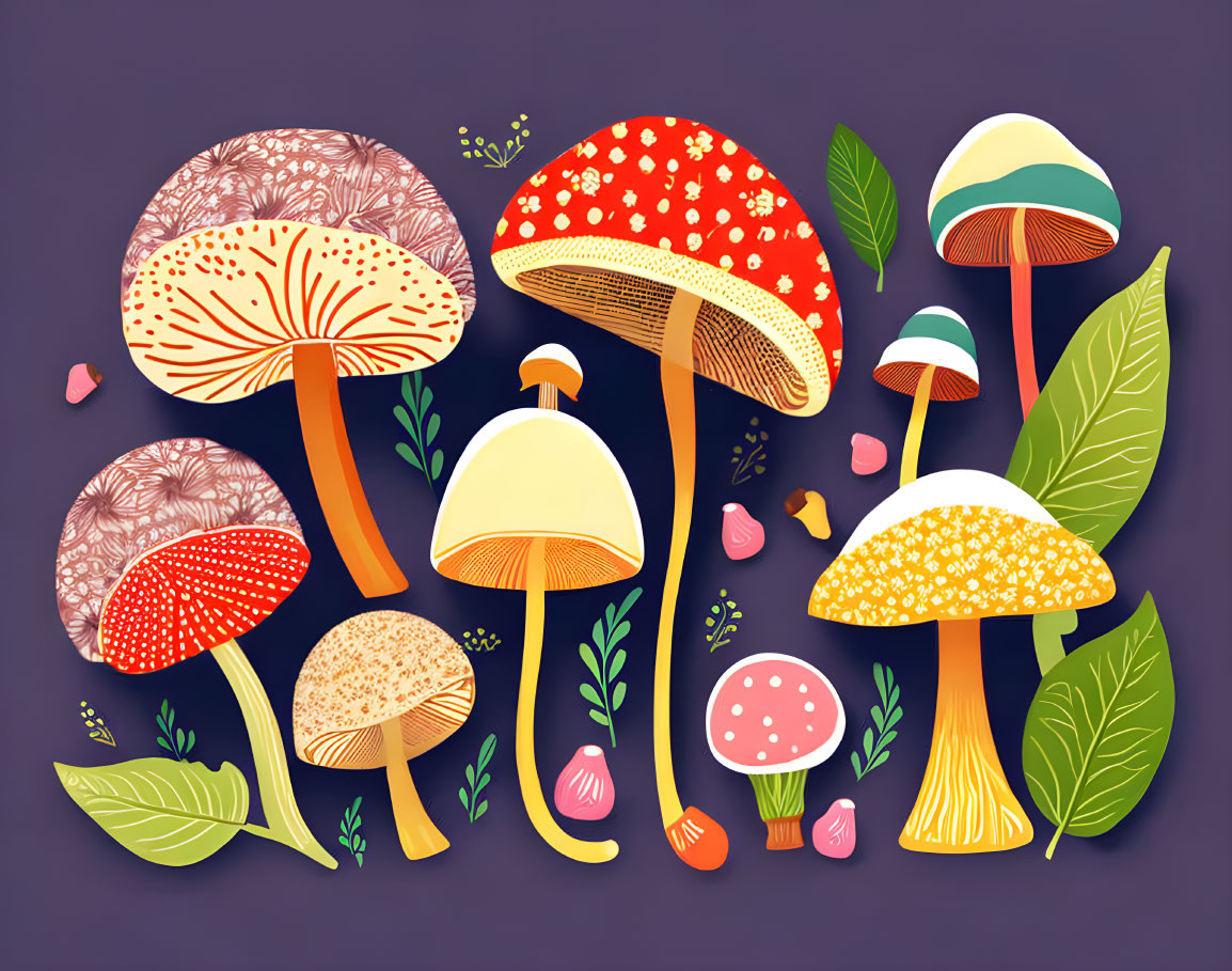 Vibrant stylized mushroom illustration on purple background