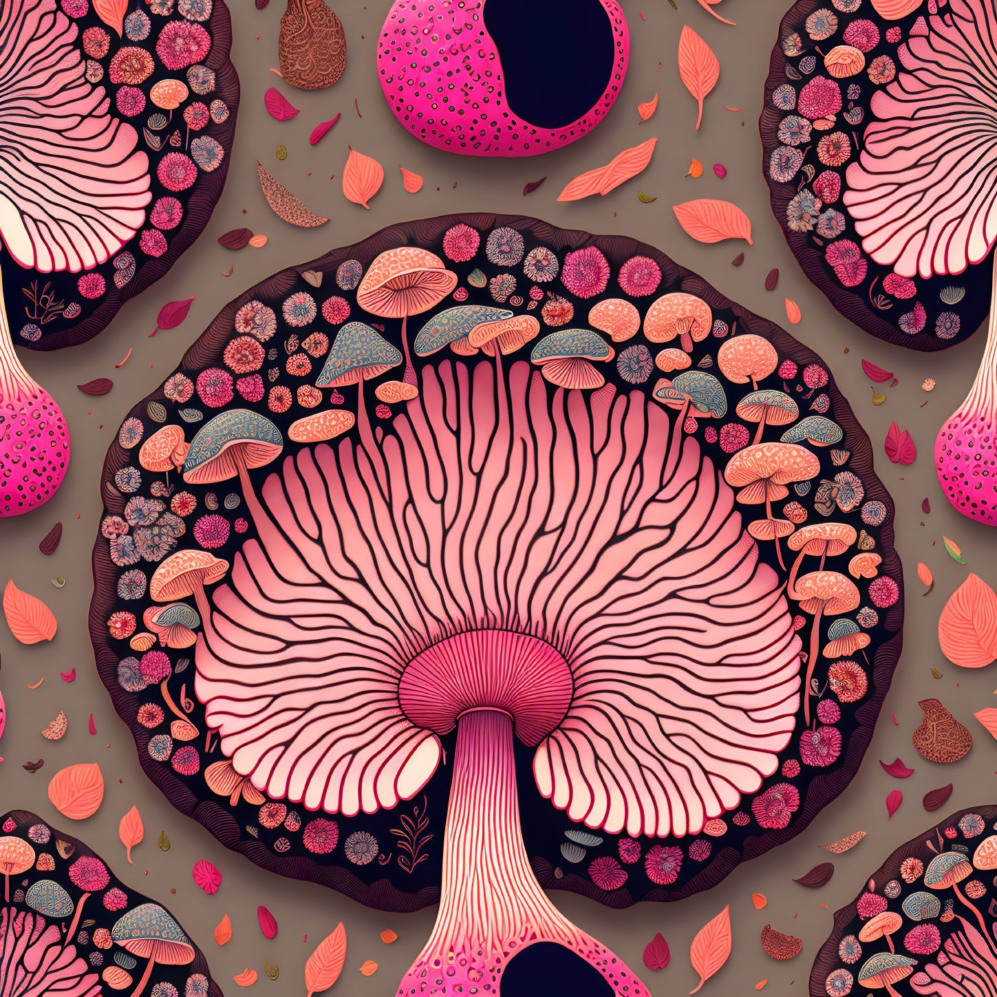 Detailed cross-section of colorful mushrooms and fungi on dark background