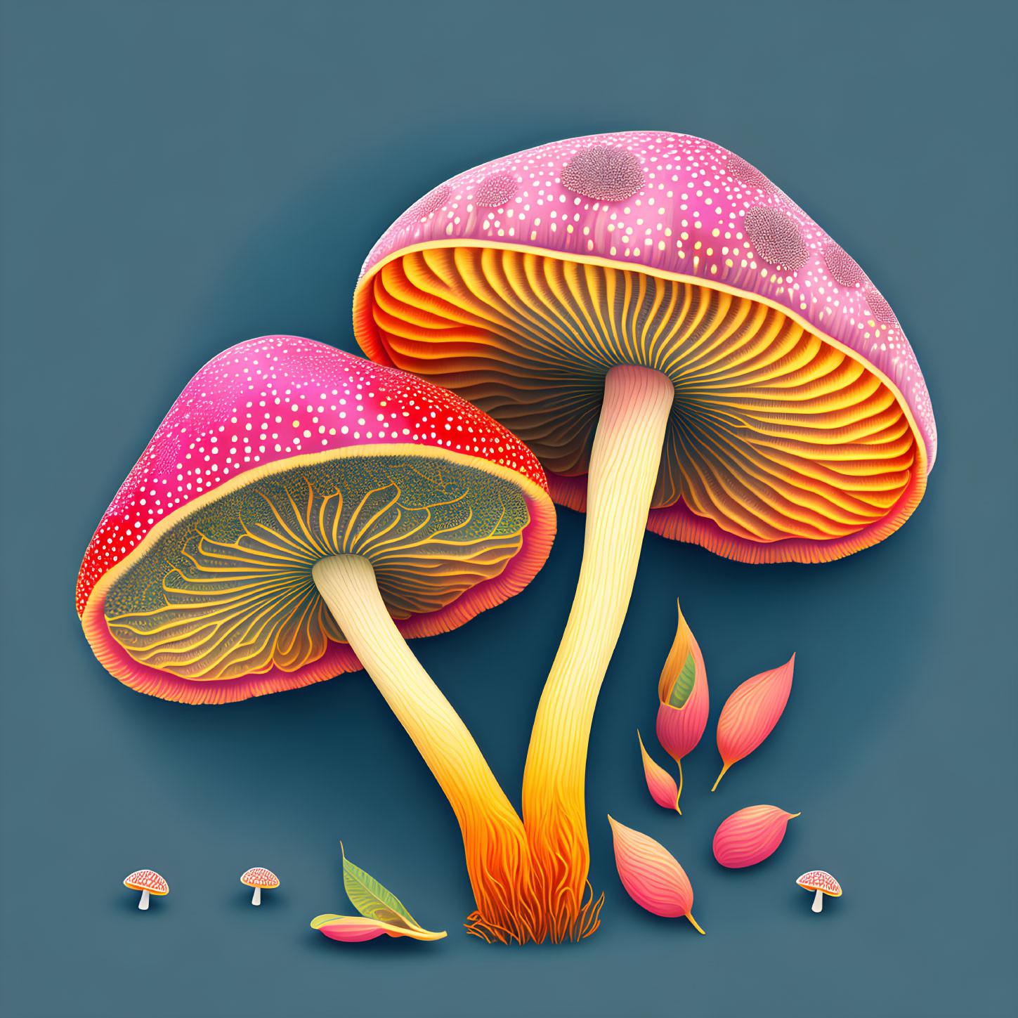 Stylized pink mushrooms with yellow gills on teal background