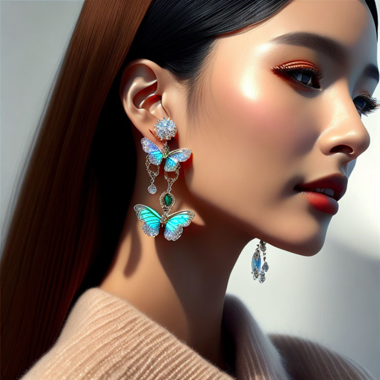 Woman with Long Hair Wearing Sparkling Butterfly Earrings in Blue and Green