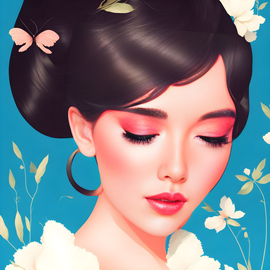 Woman with stylized updo, white flowers, pink butterfly on blue background